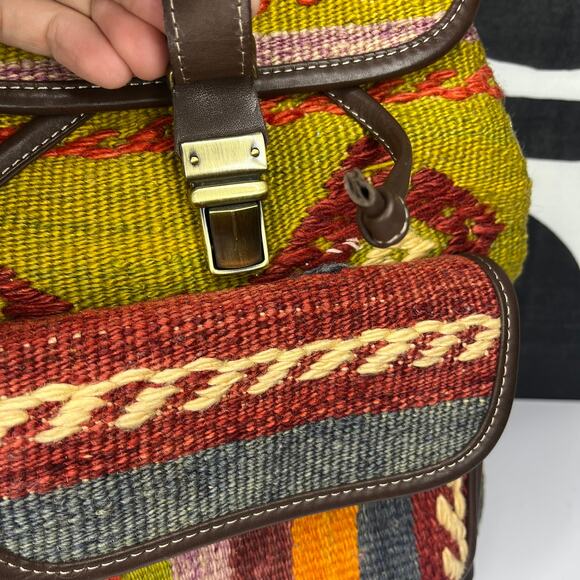 Yun Art Kilim Traditional Turkish Backpack Woven Carpet Leather Yellow - Picture 10 of 13